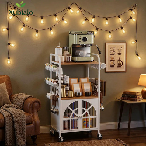 Slick 3 Tier Rolling Coffee Bar Cart For Compact Kitchens Featuring Space Savvy Corner Layout Easy Glide Casters And Nifty K Cup Pod Rack Plus Storage Hooks in cozy living space.