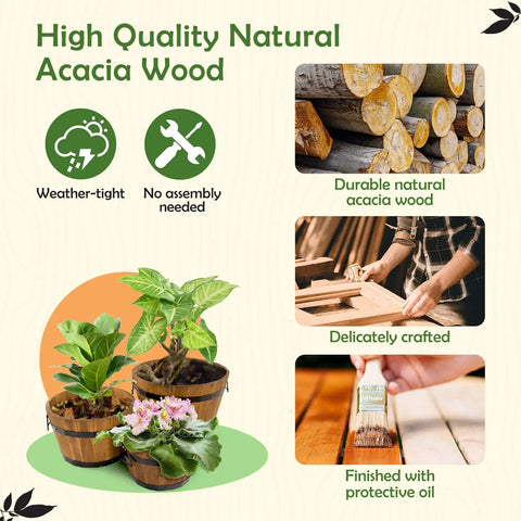 Set Of 3 Wooden Flower Boxes For Outdoors In Durable Acacia Wood Barrel Planters With Ergonomic Handles Drainage Holes And Multiple Sizes Light Brown Wood Bucket Planter Set, showcasing high-quality natural wood.