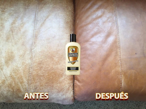 Leather Conditioner With Deep Nourishing Moisturizers And Natural Waxes To Restore Dried Leather To A Soft Natural Feel Without Oiliness Or Stickiness 8 Ounce Bottle For Boots Belts And Leather Goods shown between 'Antes' and 'Después' of leather surface.