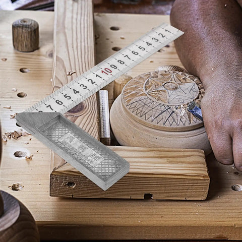 Stainless Steel 90 Degree Ruler L Square Measuring Tool for Carpenters and Machinists used in woodworking on carved design