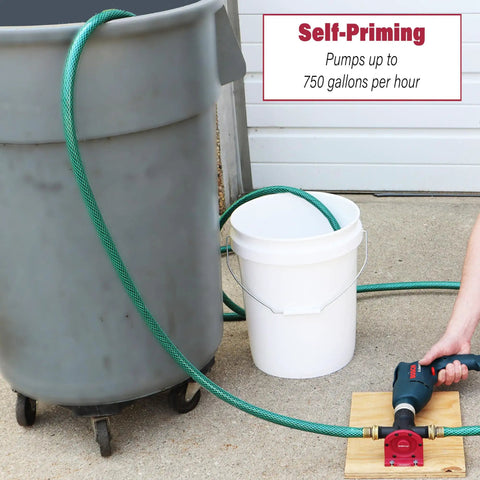 Person using a Drill Pump Attachment With Self Priming Water Transfer Pump For Drills, 750 GPH, transferring water between containers.