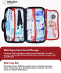 Open two-compartment outdoor first aid kit, 500 pieces, with clear pockets, red straps, and assorted emergency supplies.