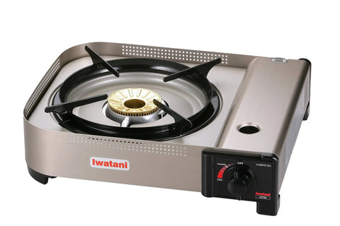 35FW Single Burner Butane Portable Cooktop for Indoor and Outdoor Cooking, 15,000 BTU Brass Burner, side view with controls