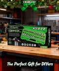34 Piece Torx Bit Socket Set With Tamper Proof T6 To T70 Security Bits displayed in a green storage case on a workbench.