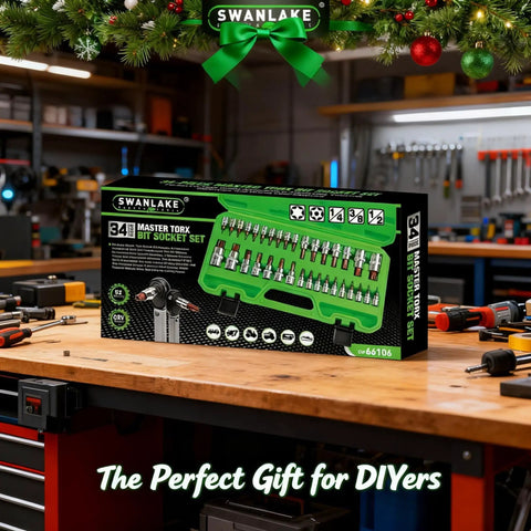 34 Piece Torx Bit Socket Set With Tamper Proof T6 To T70 Security Bits displayed in a green storage case on a workbench.