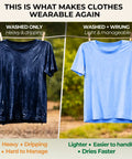 Comparison of damp clothes showing effects of Manual Clothes Wringer For Camping And Travel Ultra Light Hand Wash Spinner.