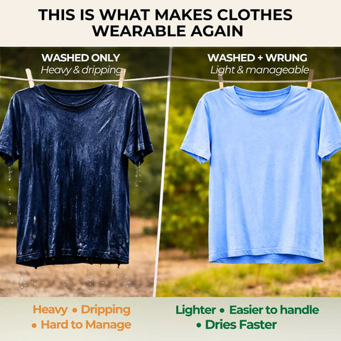Comparison of damp clothes showing effects of Manual Clothes Wringer For Camping And Travel Ultra Light Hand Wash Spinner.