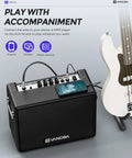 Portable 30W Bass Amp With 8 Inch Speaker Built In Overdrive And Mid Scoop Contour shown with phone connected for practice.
