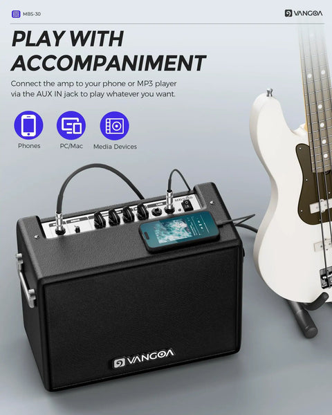 Portable 30W Bass Amp With 8 Inch Speaker Built In Overdrive And Mid Scoop Contour shown with phone connected for practice.