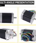 Multi-angle view of NEMA 23 dual shaft stepper motor with 4 lead wires for CNC and 3D printing applications.