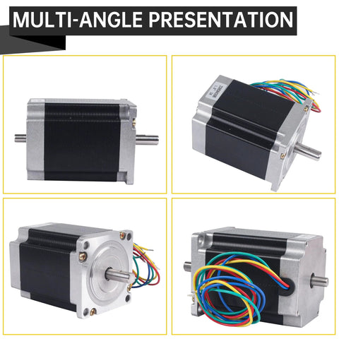 Multi-angle view of NEMA 23 dual shaft stepper motor with 4 lead wires for CNC and 3D printing applications.