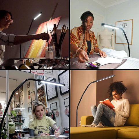Electra Floor Lamp with Adjustable Color Temperature, versatile lighting for painting, sewing, crafting, and reading in four settings