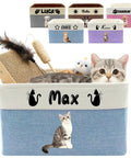 Personalized Pup Toy Bin With Name Foldable Blue Organizer For Dogs And Cats with cat and toys inside