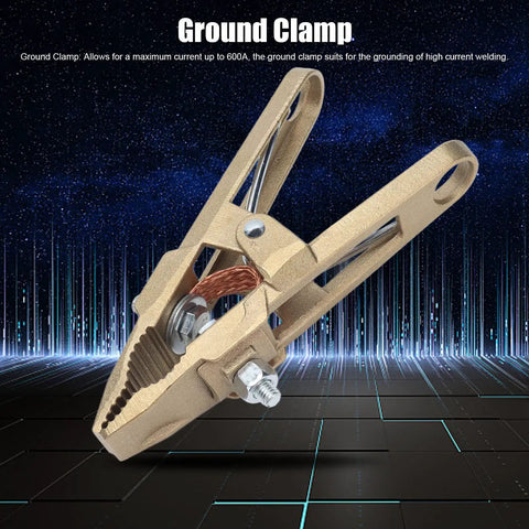 Heavy Duty Ground Clamp Wrench 600 Amp High Conductivity Brass Welding and Cutting Ground Hook Clip showing clip design and connector.