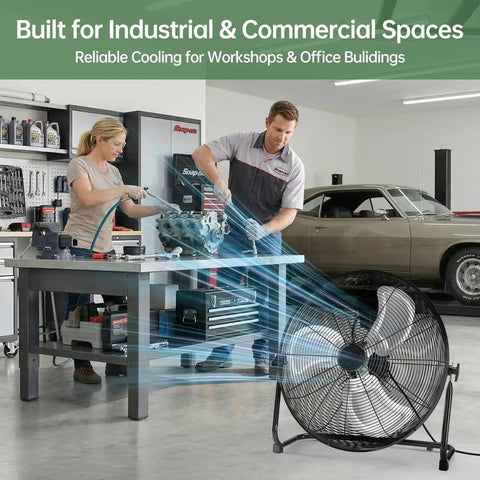 Beast 18 Inch Industrial High Velocity Floor Fan With 3 Speed Metal Build in a garage setting providing ventilation