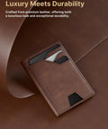 Leather Wallet For Men RFID Blocking Card Holder with cards in brown leather on textured surface