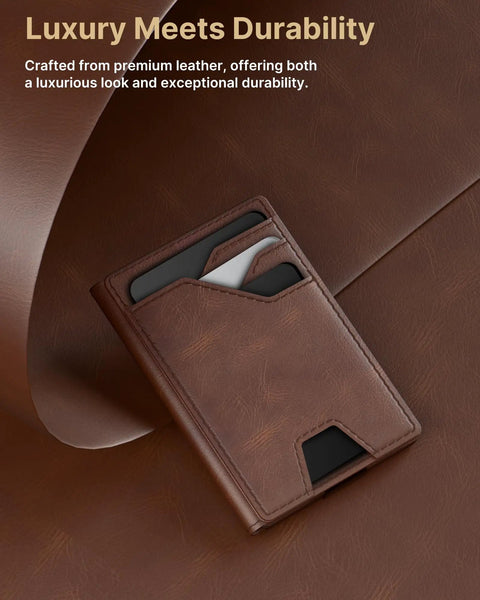 Leather Wallet For Men RFID Blocking Card Holder with cards in brown leather on textured surface
