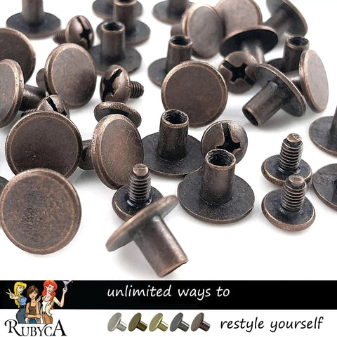 Top Shelf Heavy Duty Chicago Screws And Screw Posts Featuring Sleek Copper Finish And Rock Solid Threads 100 Complete Sets showing various copper screws for leather projects.
