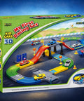 Product box showing First Speed Race Track Builder Playset For Kids With Six Diecast Cars And Accessories on blue background