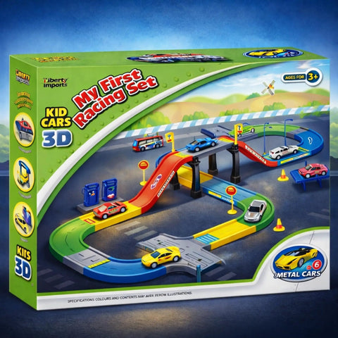 Product box showing First Speed Race Track Builder Playset For Kids With Six Diecast Cars And Accessories on blue background