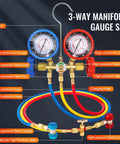 Front view of a 3-way HVAC manifold gauge set with blue and red gauges, brass fittings, and blue, yellow, red hoses.