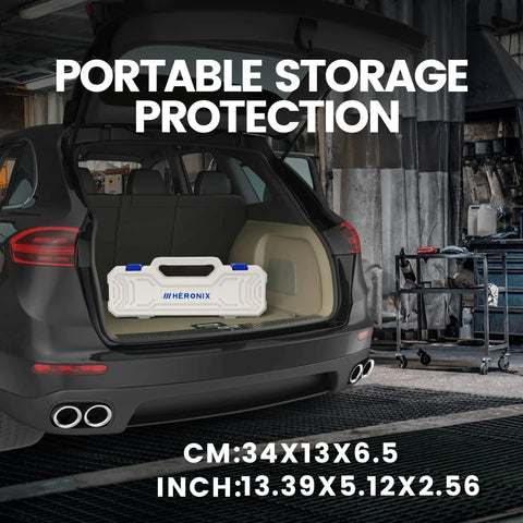 Car trunk with Heronix storage box, dimensions 34x13x6.5 cm, showcasing portable storage protection in a workshop setting.