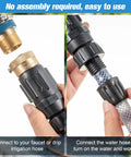 Connecting drip irrigation faucet adapter kit with 25 PSI water pressure regulator and backflow preventer to a hose.
