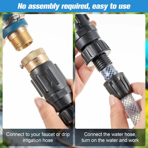 Connecting drip irrigation faucet adapter kit with 25 PSI water pressure regulator and backflow preventer to a hose.