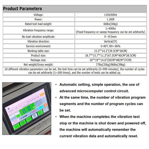 MP-3000E 110V 1200W Heavy-Duty Vertical Vibration Test Bench With 30kg Load, 1-200Hz Adjustable, Microcomputer Control, Designed For Electronics, Automotive, And Home Appliance Testing, product parameters and control screen
