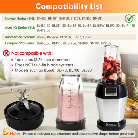 7 Fins Extractor Blade Replacement Kit With Gasket Hook And Cleaning Brush For 4 Inch Cup Blenders, Easy Install, compatibility chart