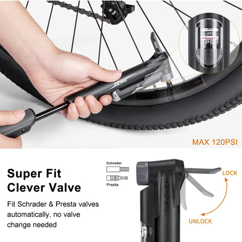 Hands using 120 PSI tire pump from Bike Phone Mount Bag With 120 PSI Tire Pump And 14 In 1 Multitool Tire Lever All In One Trailside Repair Kit.