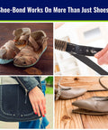 Professional Grade Shoe Glue For All Footwear Repairs Waterproof And Quick Drying Clear Formula Ideal For Hiking Boots Kicks Sandals And More Durable Bond For Patching Soles shown fixing shoes, handbag, belt.