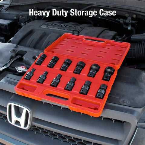 3/8 Inch Drive Universal Impact Socket Set, 12-Point, 12-Piece SAE in red case on car engine, Cr-Mo Alloy Steel