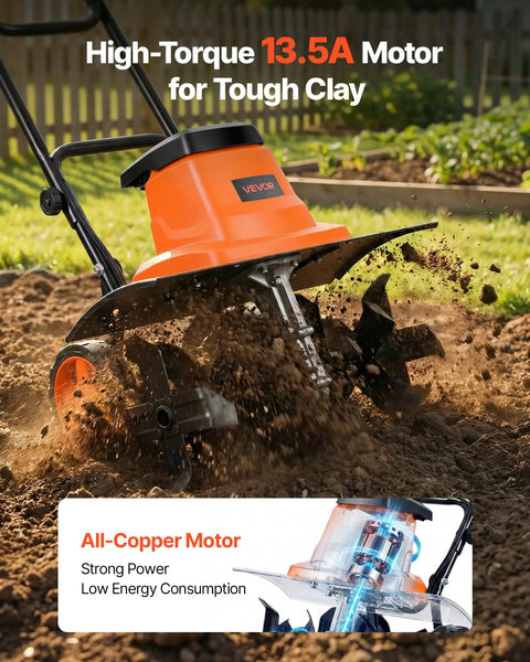 Corded Electric Tiller With 18 Inch Tilling Width, 13.5 Amp Heavy Duty Rototiller Cultivator in action on soil