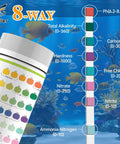 175 Count Aquarium Water Test Strips For Fish Tanks And Ponds Delivers Hella Sharp Ammonia Nitrite Testing displayed with color chart underwater.