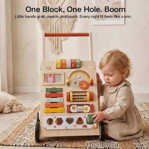 Totally Awesome Wooden Baby Walker And Activity Center With A Pretty Sweet 10 In 1 Sensory Play Console And Built In Tunes For Kickstarting First Steps Super Solid Toddler Push Toy That Makes Learning To Walk Feel Like A Breeze At 18 Months with colorful blocks and sensory features.