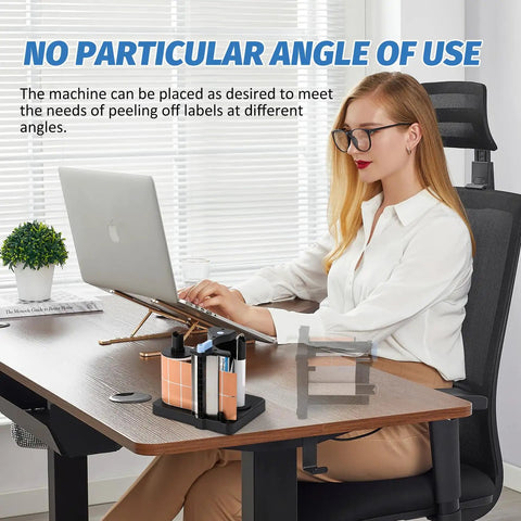 Woman using Workhorse Portable Label Dispenser With Dual Sensors And Three Speed Modes For Shipping Packages on desk
