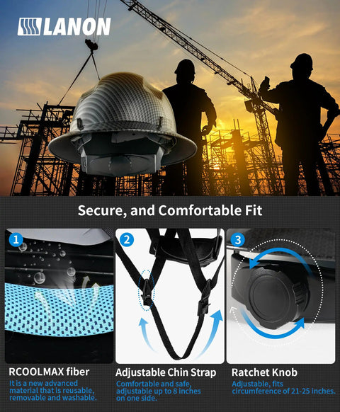 Full Brim Hard Hat For Worksite Safety OSHA Approved Construction Helmet In Charcoal Gray FRP Safety Gear With 4 Point Adjustable Ratchet Suspension Class C Protection with chin strap and ratchet knob features.