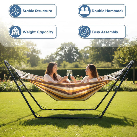 Heavy Duty Universal Double Hammock Stand For Two People, Steel Indoor Outdoor Frame, with two women relaxing on a hammock