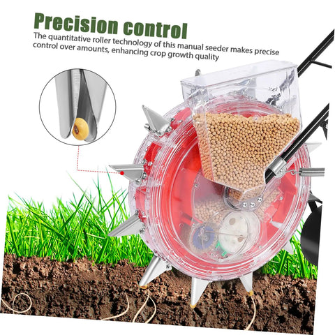 Close-up of a manual seeder and fertilizer spreader tool for lawn care, showing seed dispenser and roller mechanism in action.