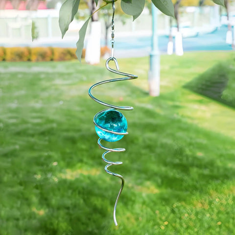 Spiral Tail Wind Spinner Stabilizer For Garden Decor With Stainless Steel Tail And Dope Crystal Glass Orb 14 Inch Outdoor Hanging Kinetic Yard Art Sun Catcher Weatherproof Decorative Accent, blue orb