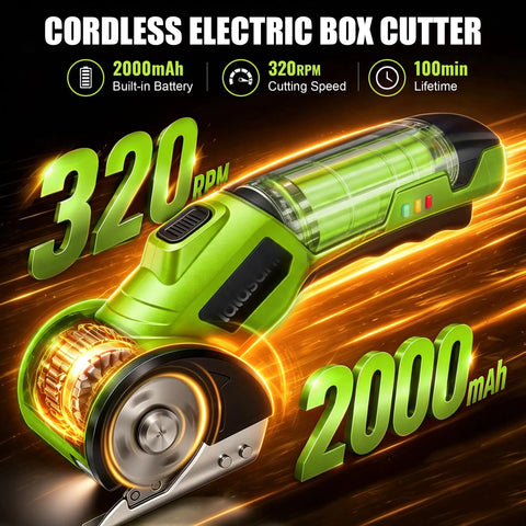 Heavy Duty Cordless Electric Box Cutter With Powerful 320Rpm Motor And Auto-Feed Scissors Design For Effortless Cardboard Cutting Quiet Operation Rechargeable Battery Included, showing motor and blade details.