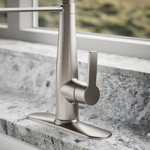 Slick Stainless Steel Kitchen Sink Faucet With Built In Soap Dispenser And Heavy Duty Pull Down Sprayer, close-up on lever.
