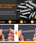 60 Piece Stainless Steel Extension Spring Set in 12 Sizes with hook end shown in before and after tension test.