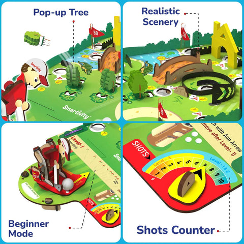 Hands On DIY Mini Golf STEM Kit For Kids Ages Six To Twelve Build A 10 Hole Course With A Mechanical Golfer Windmill Pop Up Trees Shots Counter And Champion Trophy No Tools Needed Screen Free Fun That Teaches Real Engineering, pop-up tree and shots counter close-up