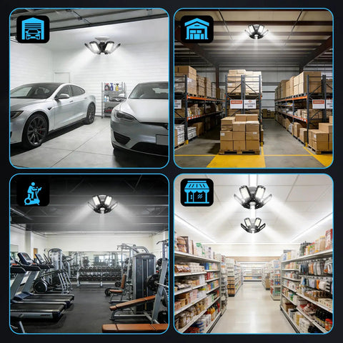 Ultra Bright LED Garage Lights 2 Pack With 6 Plus 1 Adjustable Panels, 18000 Lumens, installed in various locations