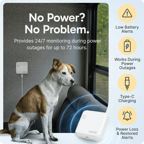 Dog beside Cellular Temperature Monitor With 4G LTE and Humidity Sensor Remote Power Failure Alarm Unlimited Alerts for RV Vacation Home Pet Safety or Server Room 2 Years of Service Included No Fees or WiFi Needed.