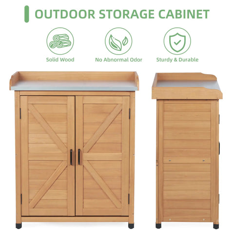 All In One Outdoor Potting Bench With Storage Cabinet And Metal Work Surface For Garden And Patio, front and side view