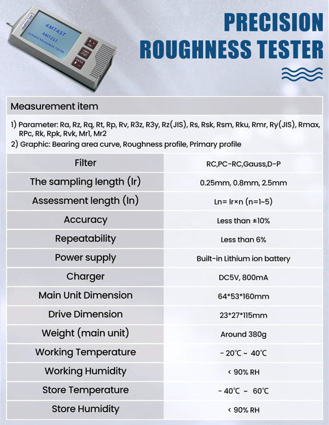 Handheld Digital Surface Roughness Meter With 22 Parameters, Portable Profilometer For Outer Cylinders, Curved Surfaces And Pinholes, Ergonomic Grip, On The Go Roughness Testing For Machined Parts And Finishes