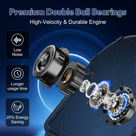 Exploded view of fan motor with premium double ball bearings and durable engine